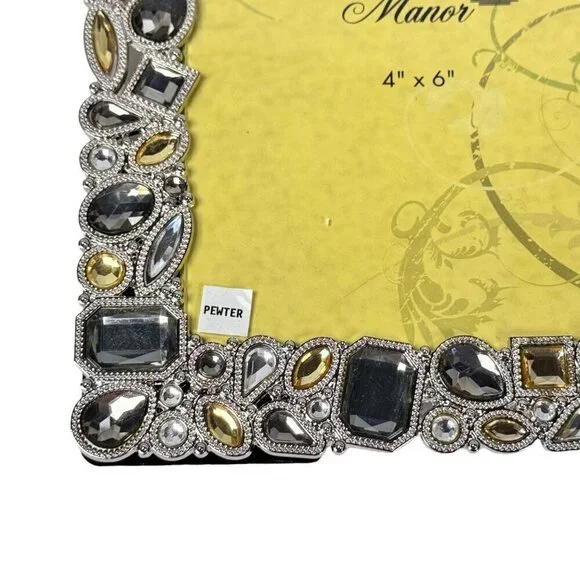 Ashleigh Manor Jeweled Photo Frame Metal Pewter Gemstone 4”x6” Silver Gray - Picture 3 of 7